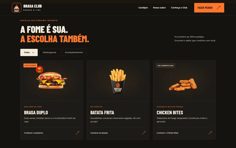 Seção Cardápio do site Brasa Club