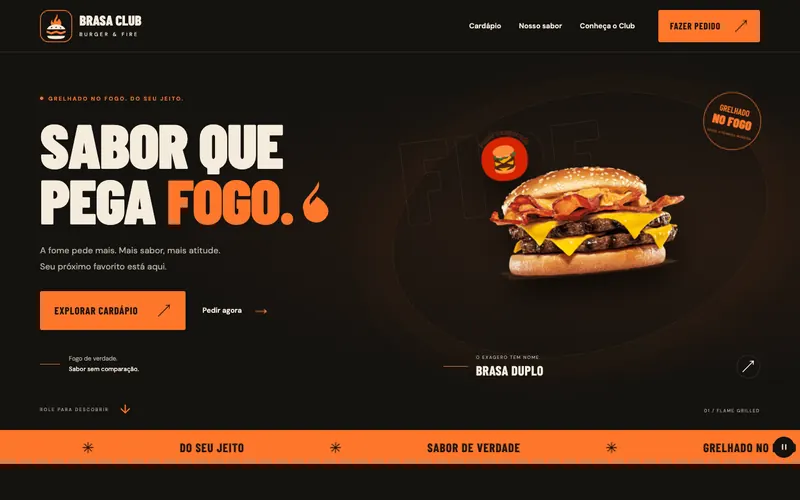 Página inicial do site Brasa Club, com um hambúrguer duplo e o título Sabor que pega fogo