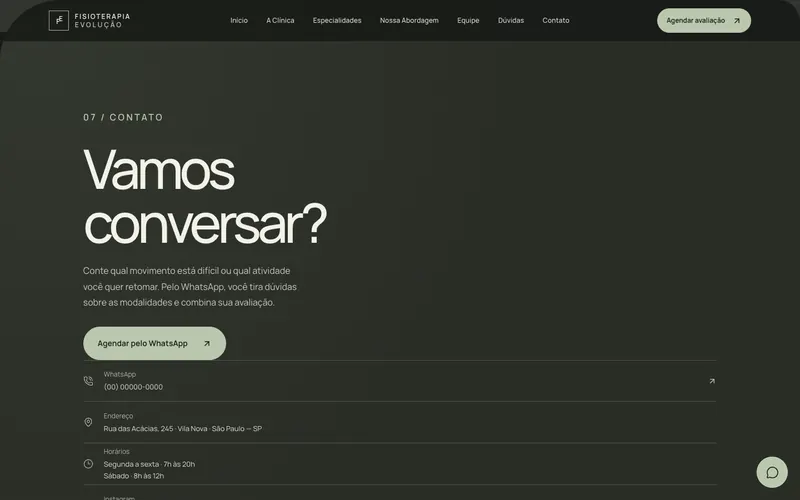 Seção Contato do site Fisioterapia Evolução
