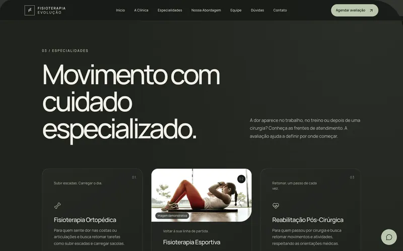 Seção Especialidades do site Fisioterapia Evolução