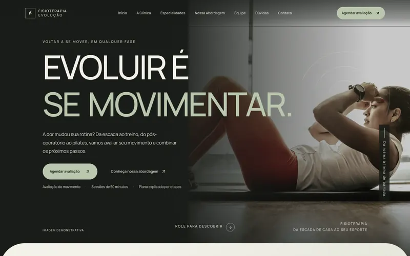 Página inicial do site Fisioterapia Evolução, com o título Evoluir é se movimentar