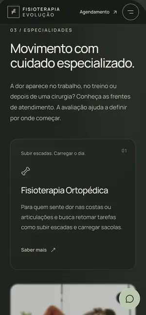 Especialidades no celular do site Fisioterapia Evolução