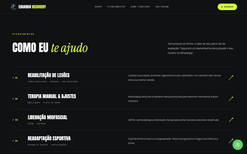 Seção Atendimentos do site Eduardo Recovery