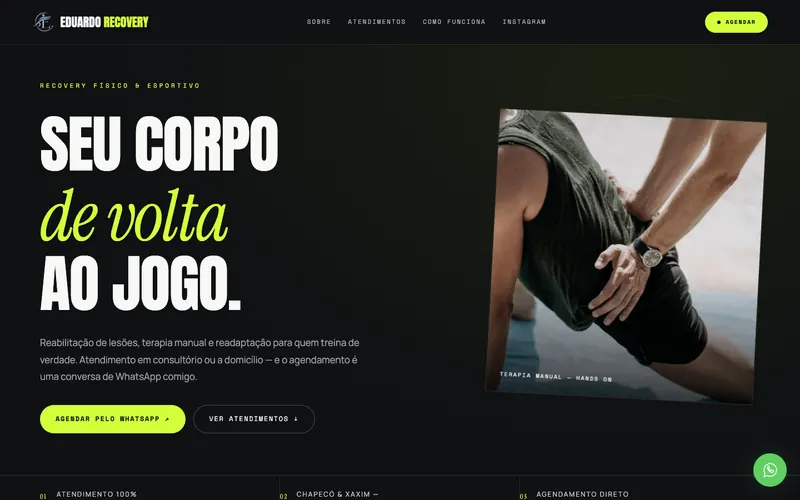 Página inicial do site Eduardo Recovery, com o título Seu corpo de volta ao jogo