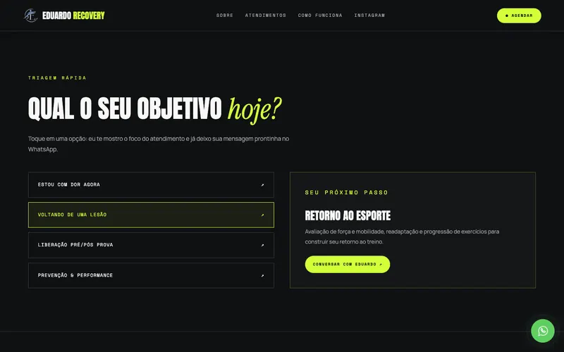 Seção Triagem por objetivo do site Eduardo Recovery